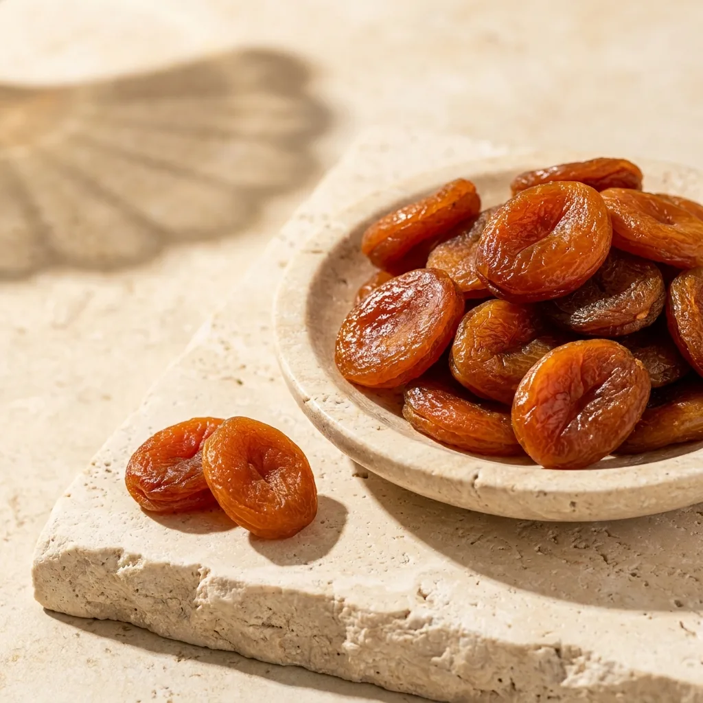 Sun-dried Armenian apricots in a travertine stone dish