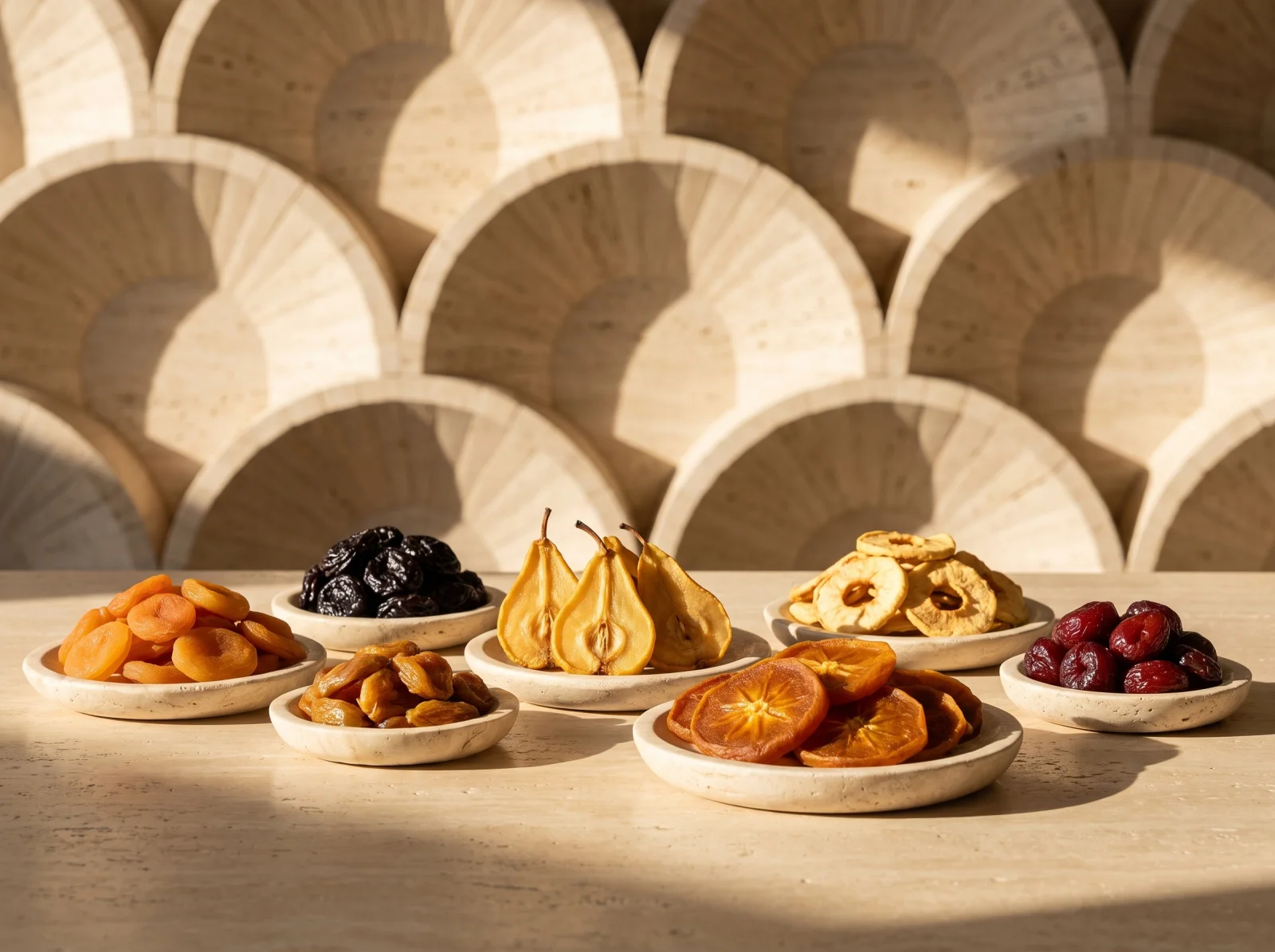Armenian dried fruits in travertine stone dishes against a fan-arched stone wall