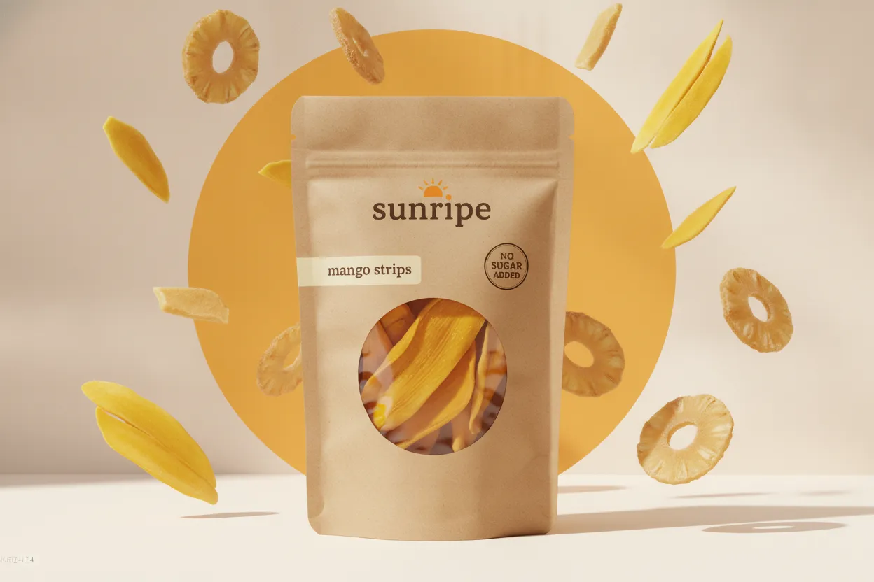 Mango strips flying over a sun disc