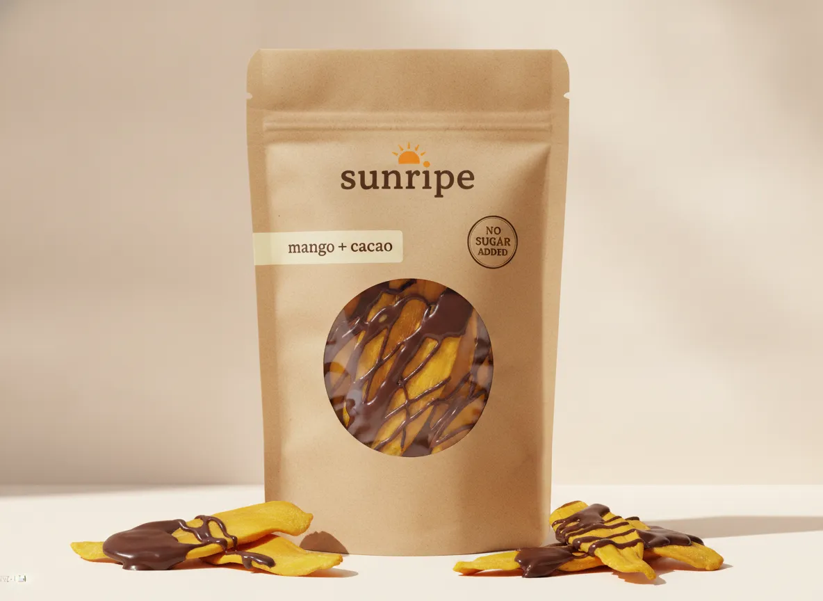 Cacao-Drizzled Mango Strips pouch with cacao-drizzled mango