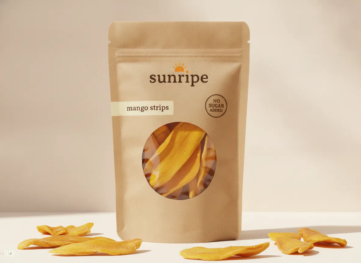 Sun-Dried Mango Strips pouch with loose mango strips