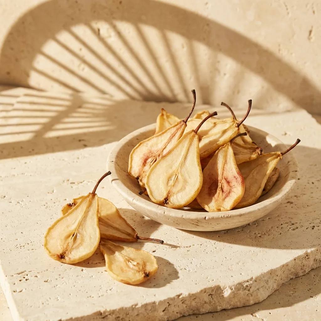 Dried pear halves in a travertine stone dish