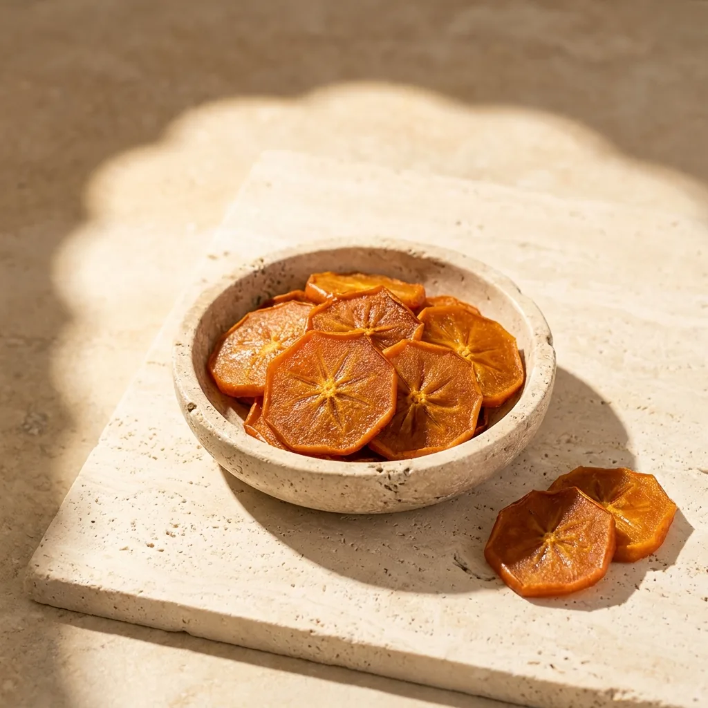 Dried persimmon slices in a travertine stone dish