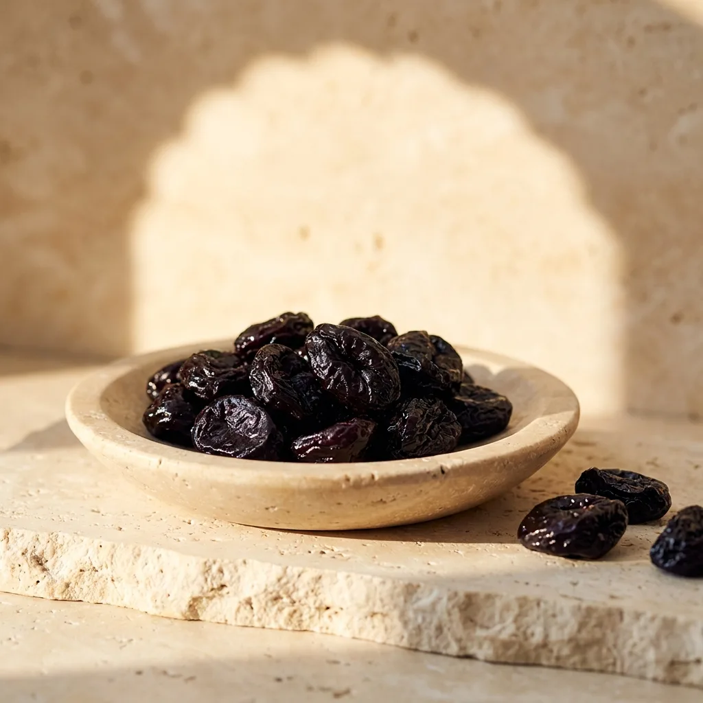 Dried prunes in a travertine stone dish