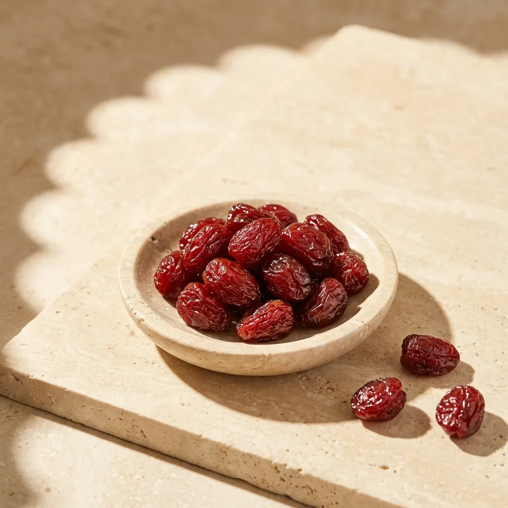 Dried red plums in a travertine stone dish