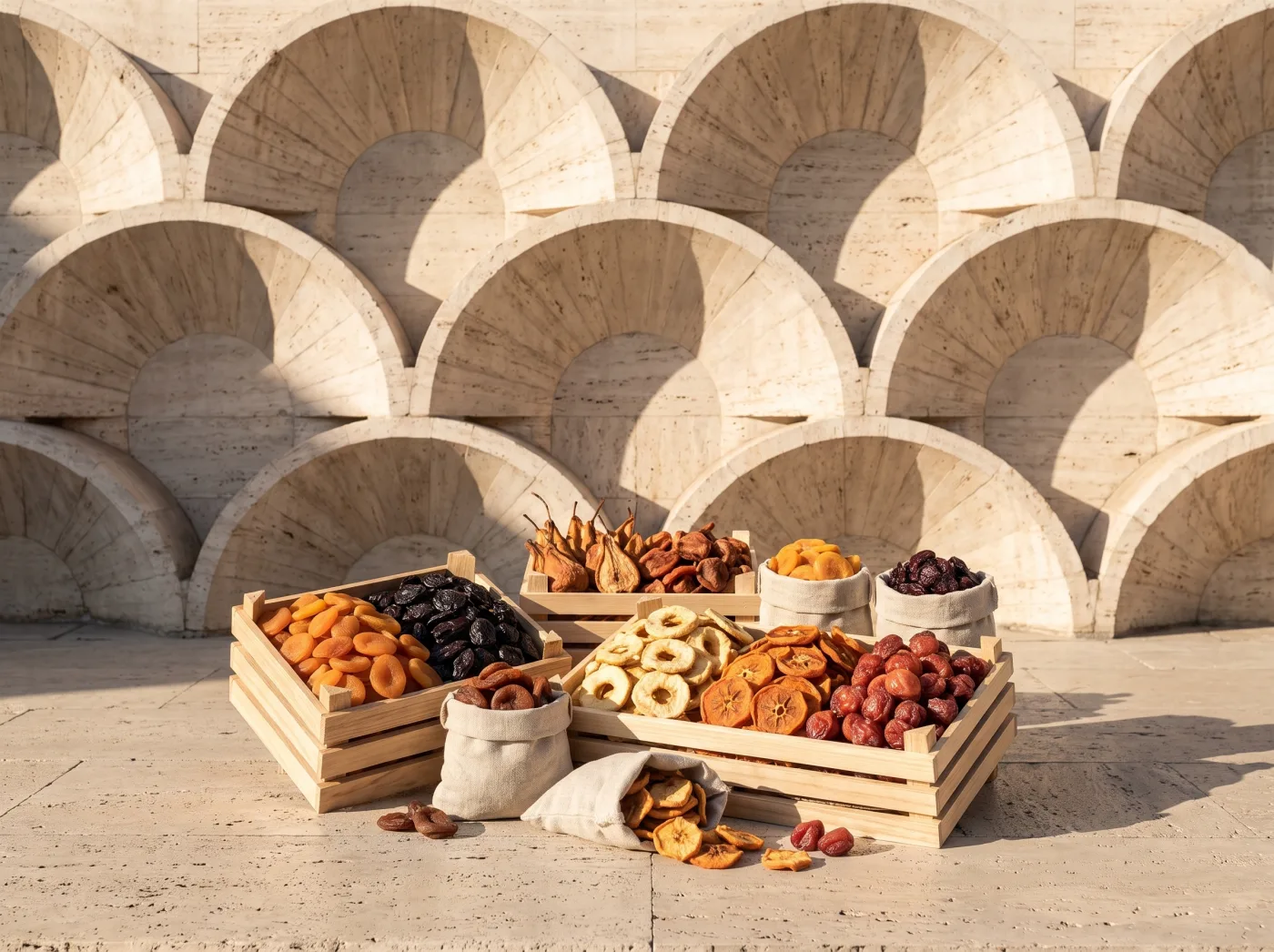 Crates and linen sacks of Armenian dried fruit against a fan-arched stone wall